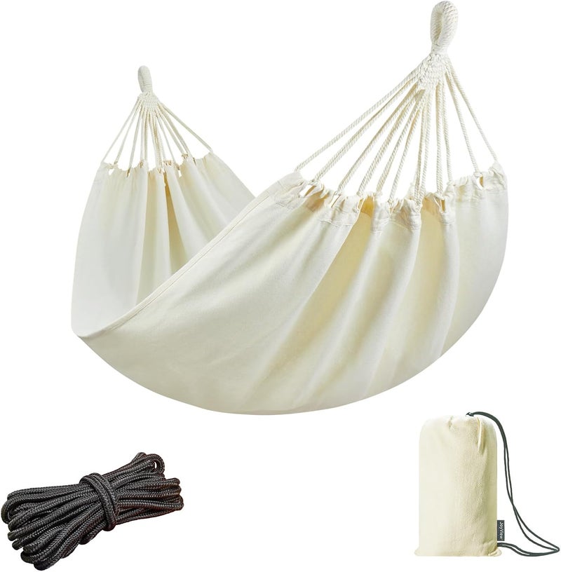 JoyView Brazilian Hammock for Single Person - 78.8x39.4” Portable Cotton Hammock with Hanging Ropes & Carry Bag Large for Patio 300LBS Capacity Perfect for Outdoor/Indoor - Natural White - Image 1